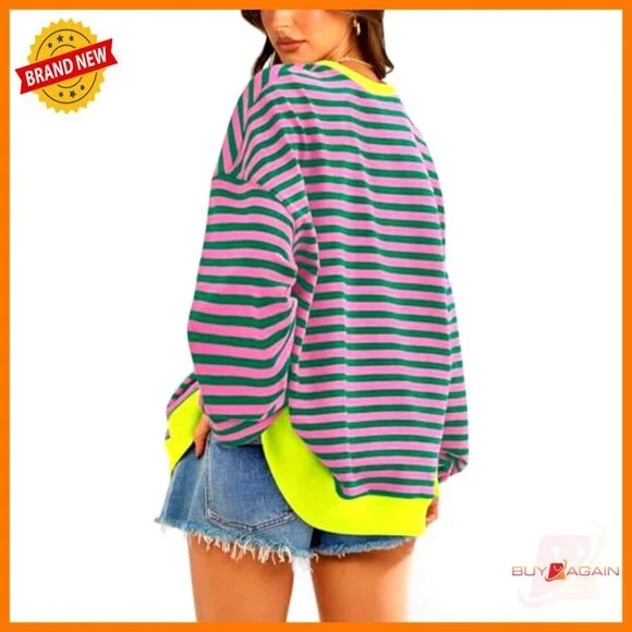 Oversized Striped Sweatshirt, Cotton Blend, Crew Neck, Long Sleeve, Loose Fit - Picture 5 of 7